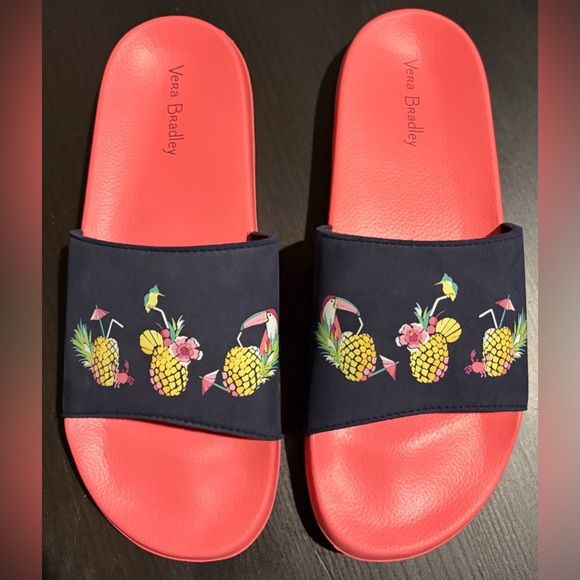 NWOT Vera Bradley Navy and Coral Pineapple Toucan Slides Size 7-8 - Picture 2 of 4